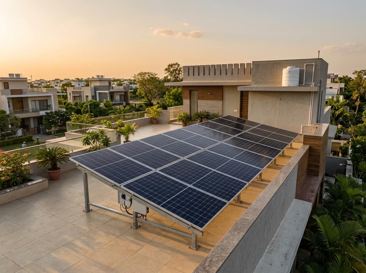 Durg-Bhilai jaise Indian residential ghar ki chhat par lage rooftop solar panels, golden hour ki roshni mein