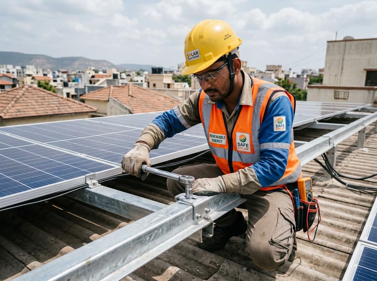 Technician chhat par solar panel mounting structure par kaam karte hue
