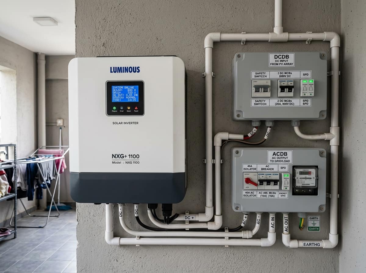 Ghar ki deewar par laga solar inverter aur electrical setup ka close-up