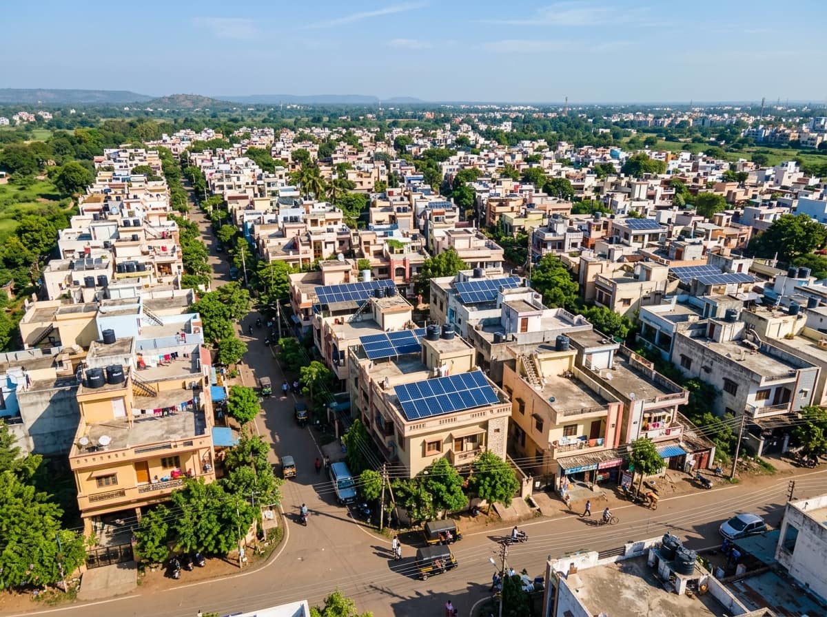 Durg-Bhilai ka residential area, ghar ki chhaton par solar panels ke saath
