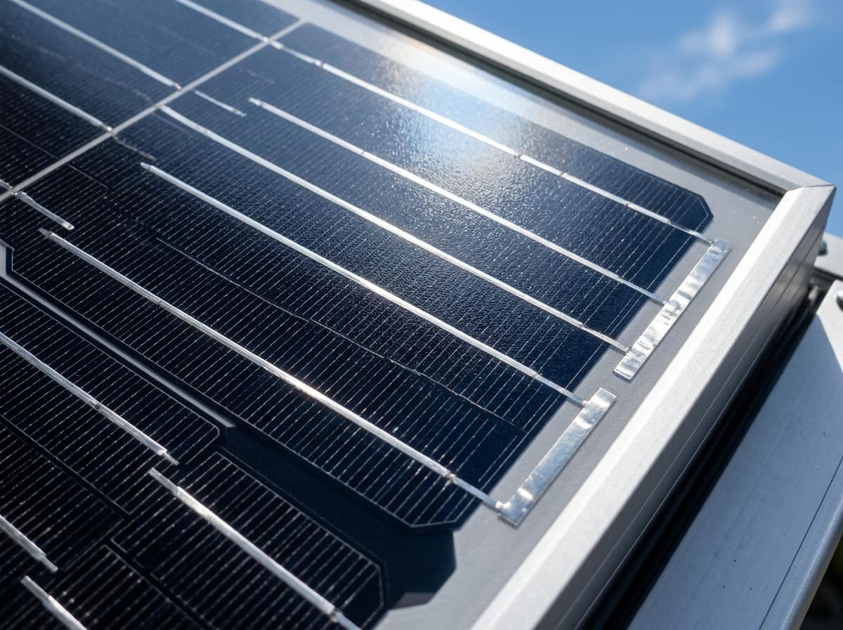 Solar panel array ka close-up, saaf neele aasman ke neeche