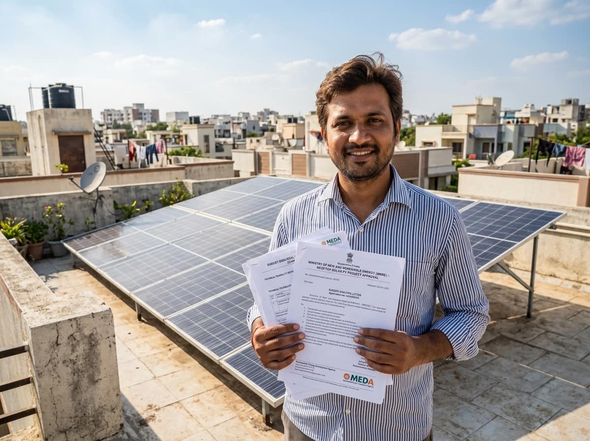 Indian homeowner apne ghar par solar subsidy ke documents dekhte hue